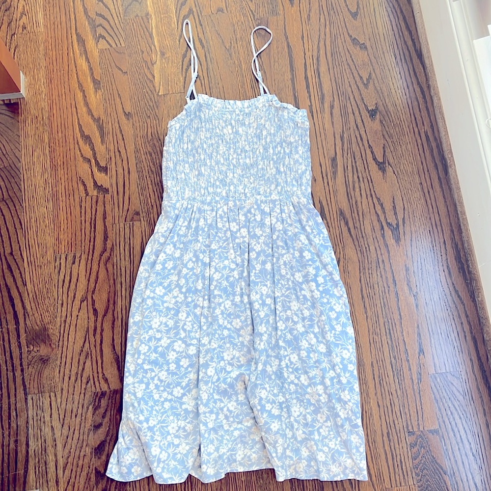 Aqua dress smocked, spaghetti strap, light blue w/white sm floral print dress